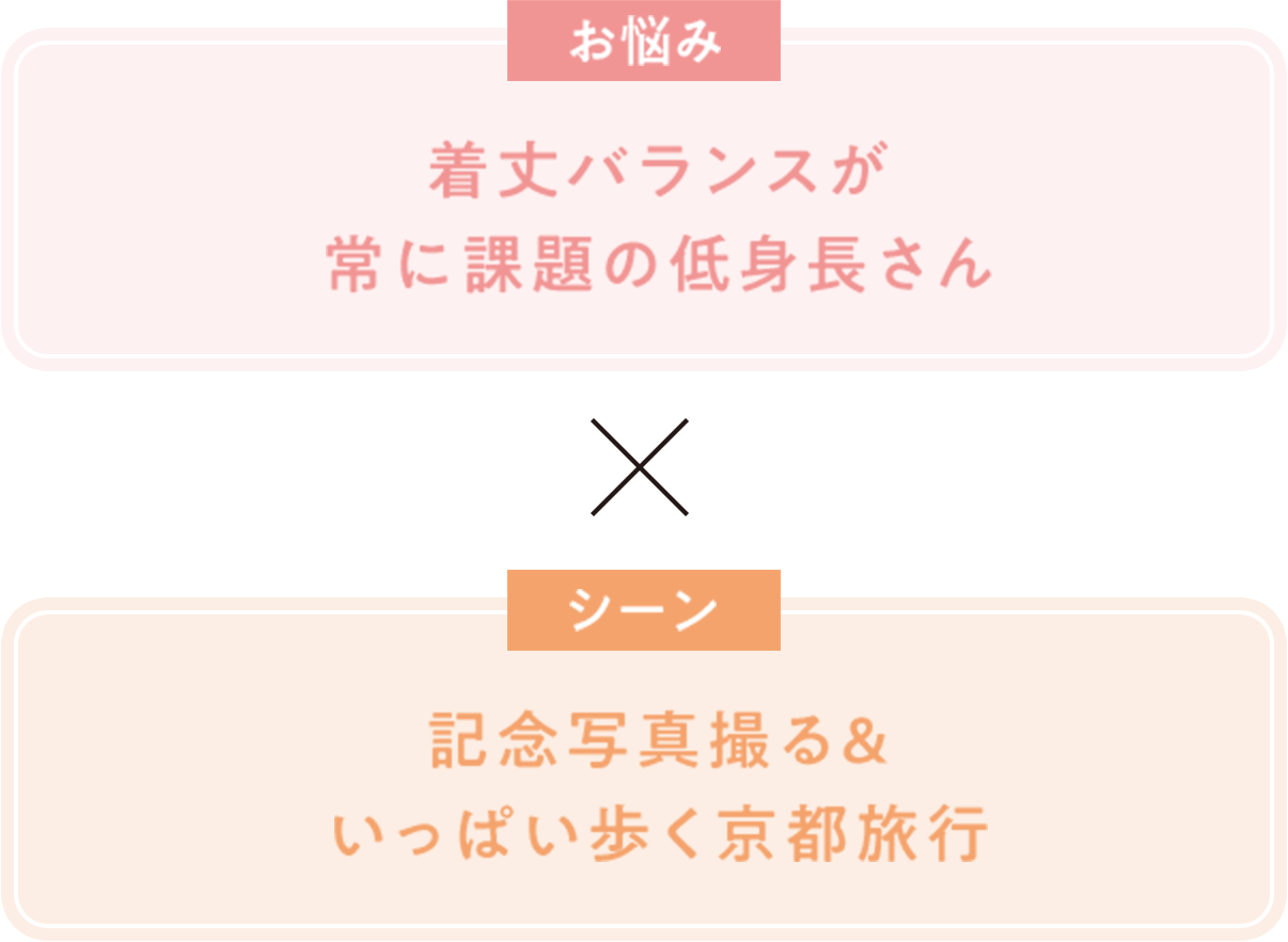 お悩み 着丈バランスが常に課題の低身長さん × シーン 記念写真撮る&いっぱい歩く町と旅行