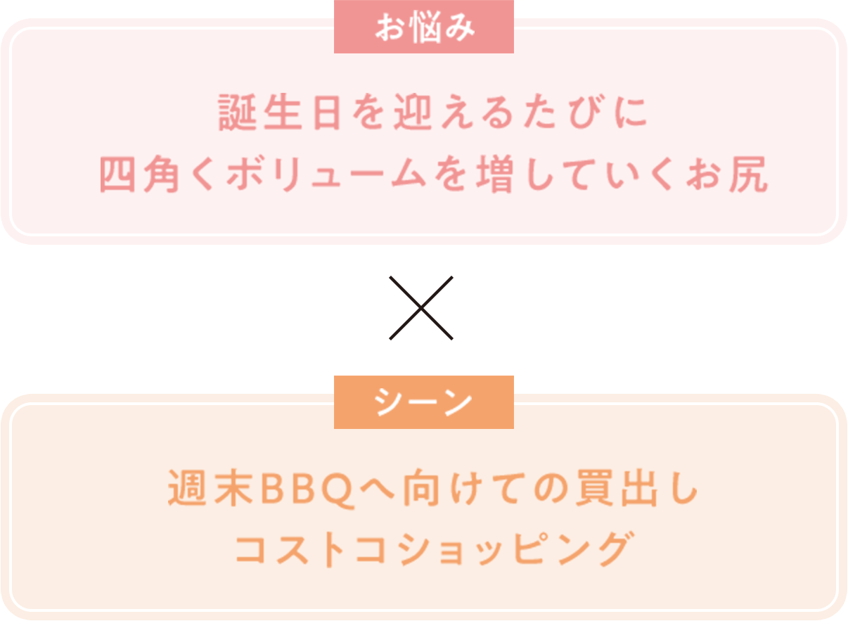 お悩み 誕生日を迎えるたびに四角くボリュームを増していくお尻 × シーン 週末BBQへ向けての買出しコストコショッピング 